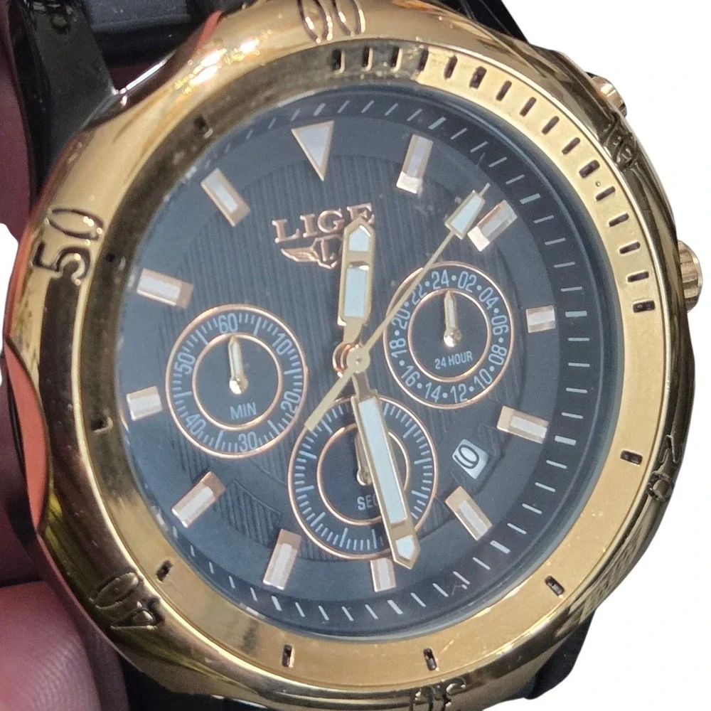 Lot of 2 LIGE Dream Quartz Chronograph Men's Watches w Black Silicon Bands VIDEO